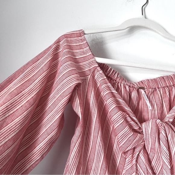 Free People Hello There Beautiful Off Shoulder Red Cream Striped Relaxed Top - Picture 8 of 15